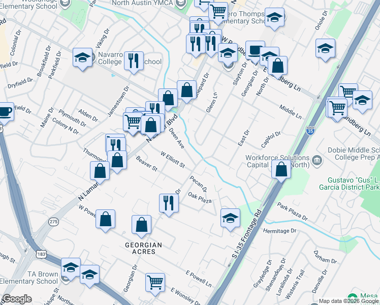 map of restaurants, bars, coffee shops, grocery stores, and more near 205 Deen Avenue in Austin