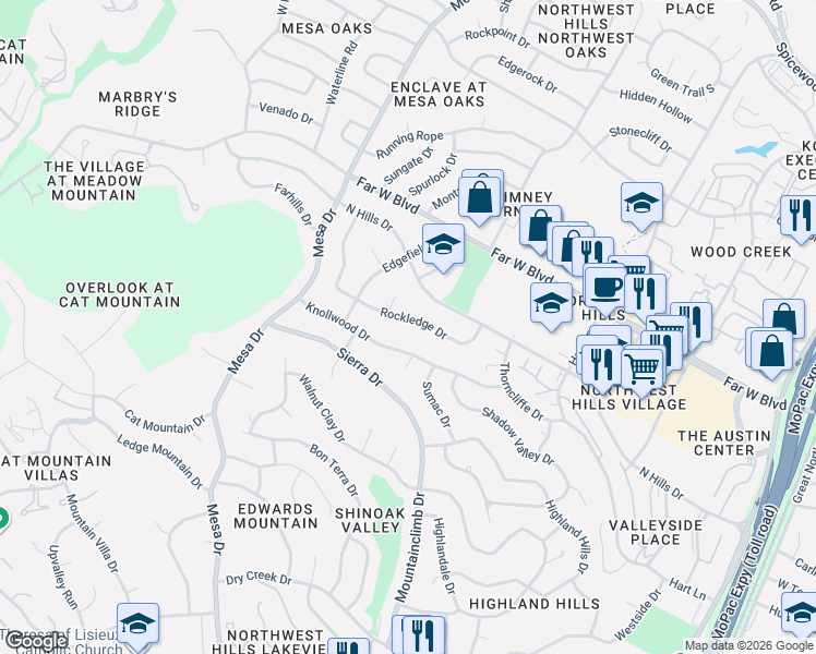 map of restaurants, bars, coffee shops, grocery stores, and more near 3916 Knollwood Drive in Austin