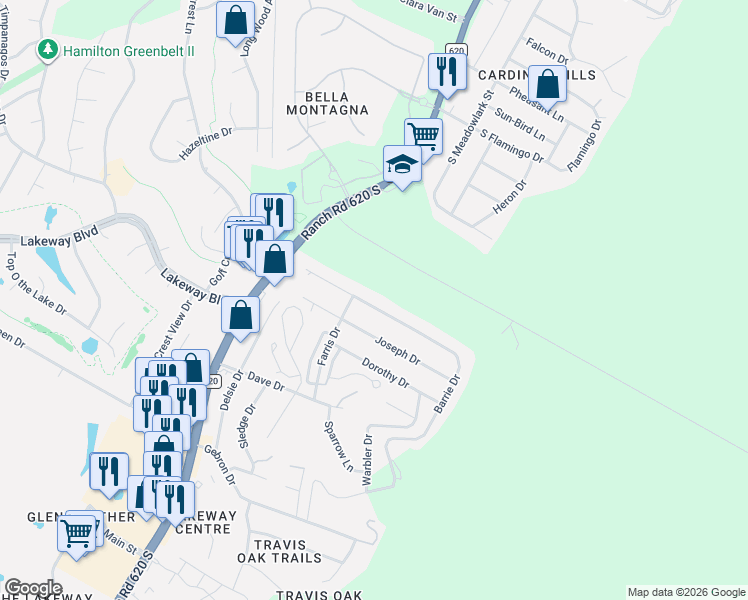 map of restaurants, bars, coffee shops, grocery stores, and more near 15301 Barrie Drive in Austin