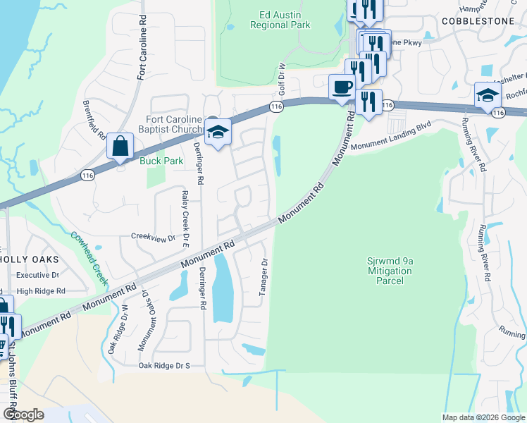 map of restaurants, bars, coffee shops, grocery stores, and more near 11554 Black Oak Trail in Jacksonville