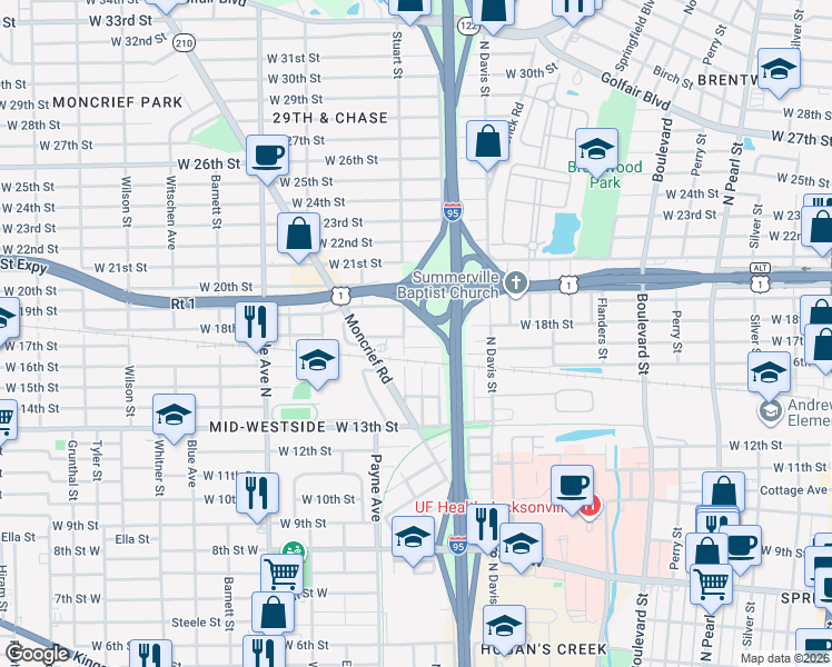map of restaurants, bars, coffee shops, grocery stores, and more near 1055 West 17th Street in Jacksonville