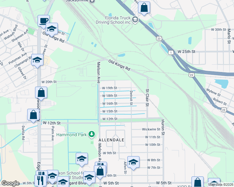 map of restaurants, bars, coffee shops, grocery stores, and more near 3072 West 18th Street in Jacksonville