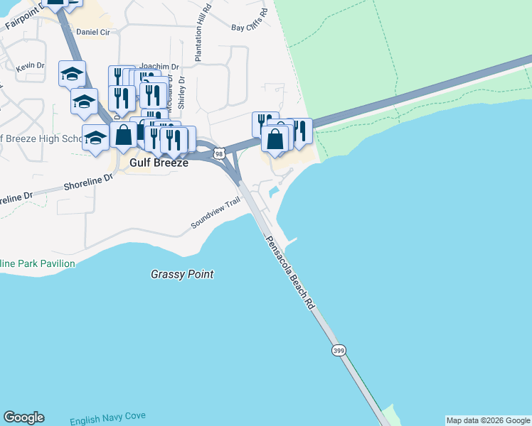 map of restaurants, bars, coffee shops, grocery stores, and more near 259 Florida 399 in Gulf Breeze