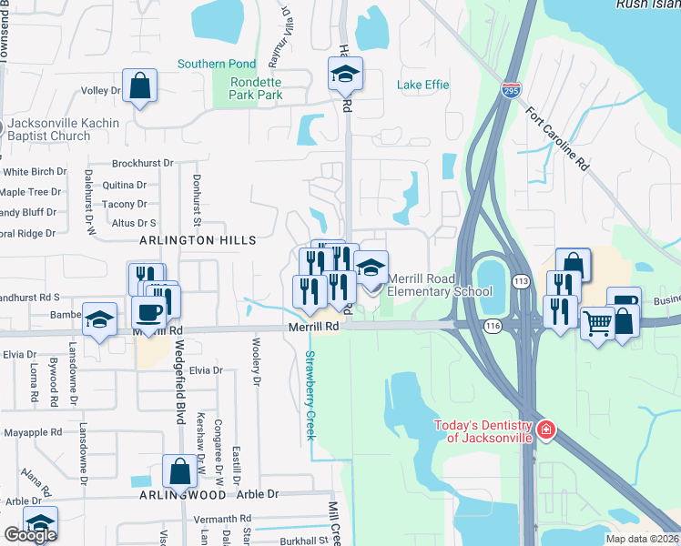 map of restaurants, bars, coffee shops, grocery stores, and more near 7925 Merrill Road in Jacksonville
