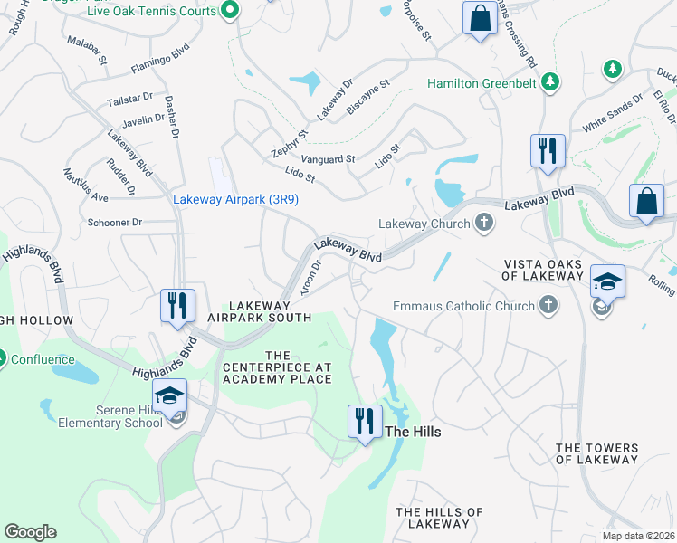 map of restaurants, bars, coffee shops, grocery stores, and more near 2 Muirfield Greens Cove in Lakeway