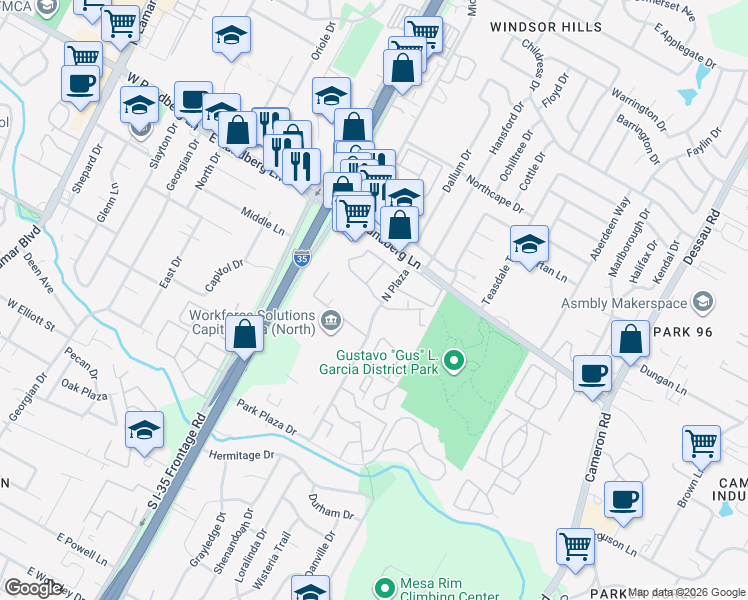 map of restaurants, bars, coffee shops, grocery stores, and more near 9200 North Plaza in Austin