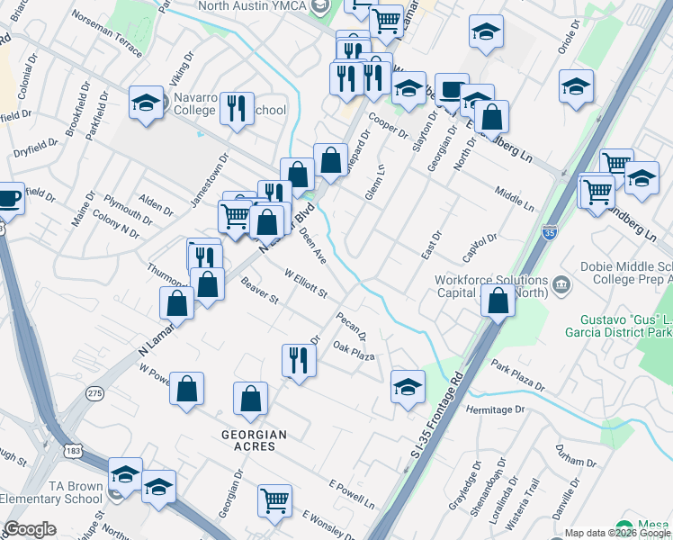 map of restaurants, bars, coffee shops, grocery stores, and more near 205 Deen Avenue in Austin