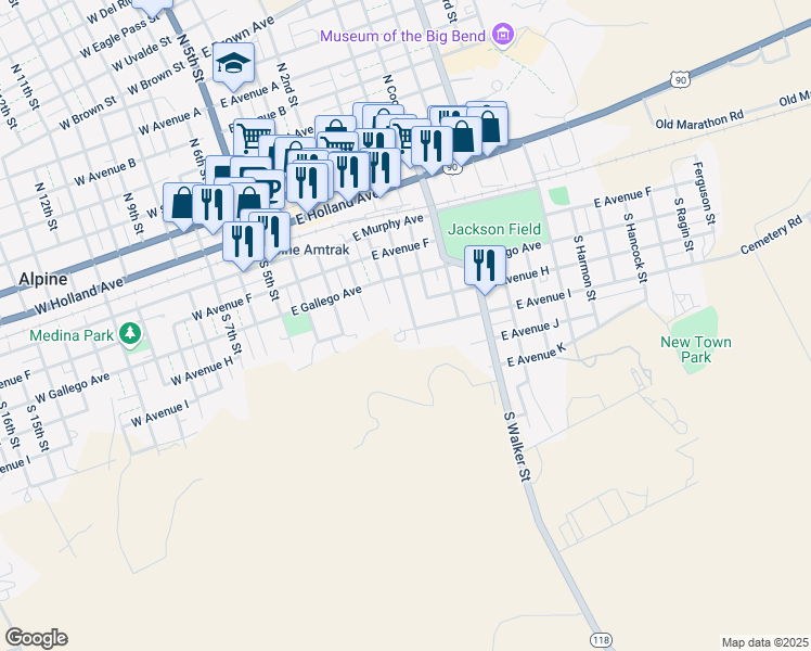 map of restaurants, bars, coffee shops, grocery stores, and more near 600 East Avenue I in Alpine