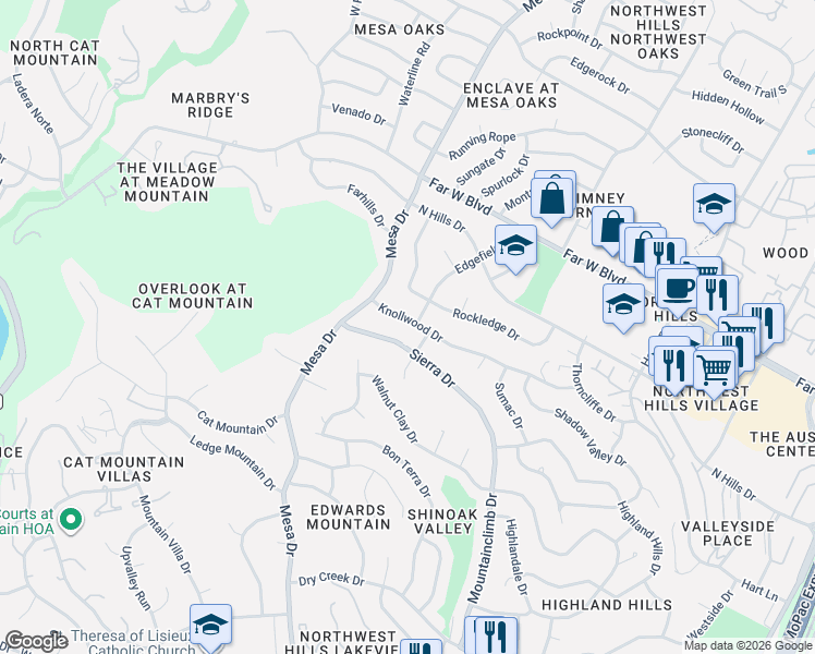 map of restaurants, bars, coffee shops, grocery stores, and more near 4005 Knollwood Drive in Austin
