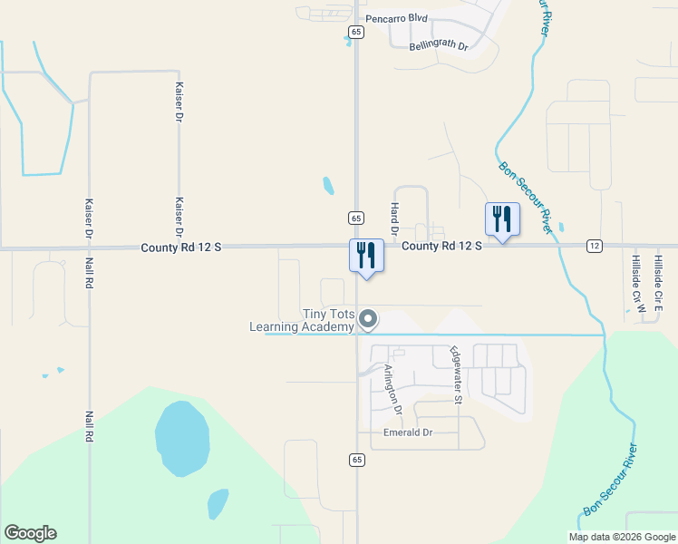 map of restaurants, bars, coffee shops, grocery stores, and more near 17940 County Road 65 in Foley