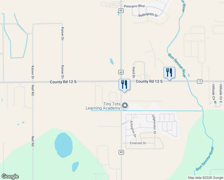 map of restaurants, bars, coffee shops, grocery stores, and more near 17940 County Road 65 in Foley