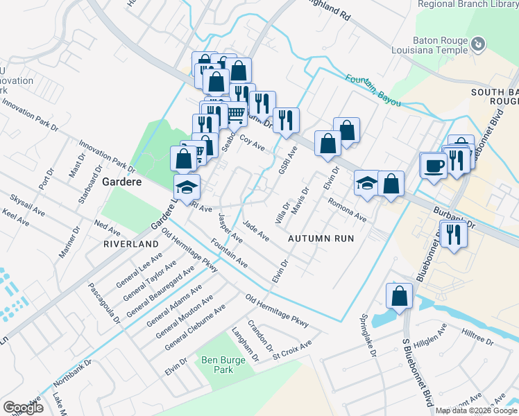 map of restaurants, bars, coffee shops, grocery stores, and more near 8848 GSRI Avenue in Baton Rouge