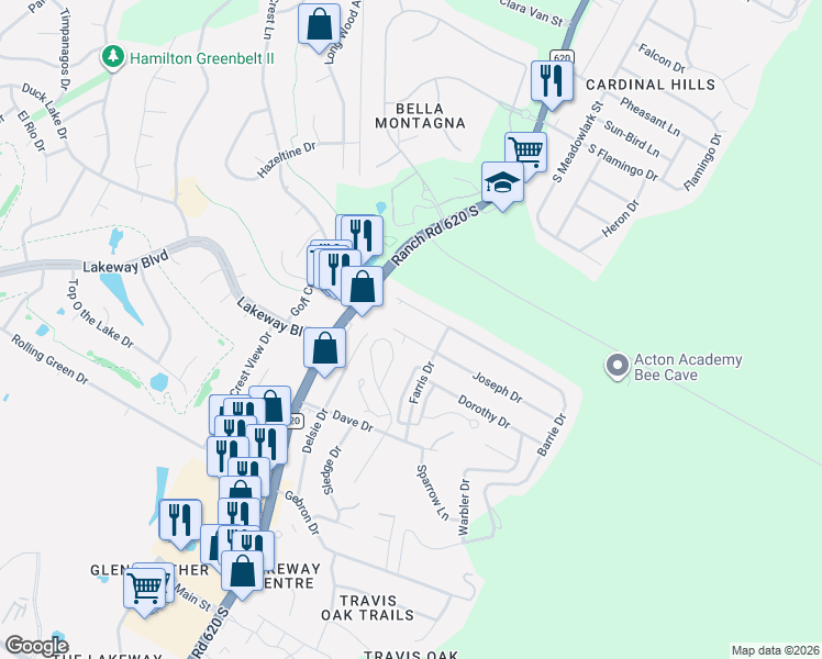 map of restaurants, bars, coffee shops, grocery stores, and more near 15408 Joseph Drive in Lakeway