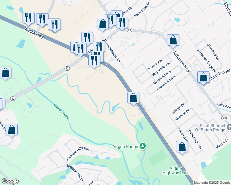 map of restaurants, bars, coffee shops, grocery stores, and more near 15355 Airline Highway in Baton Rouge