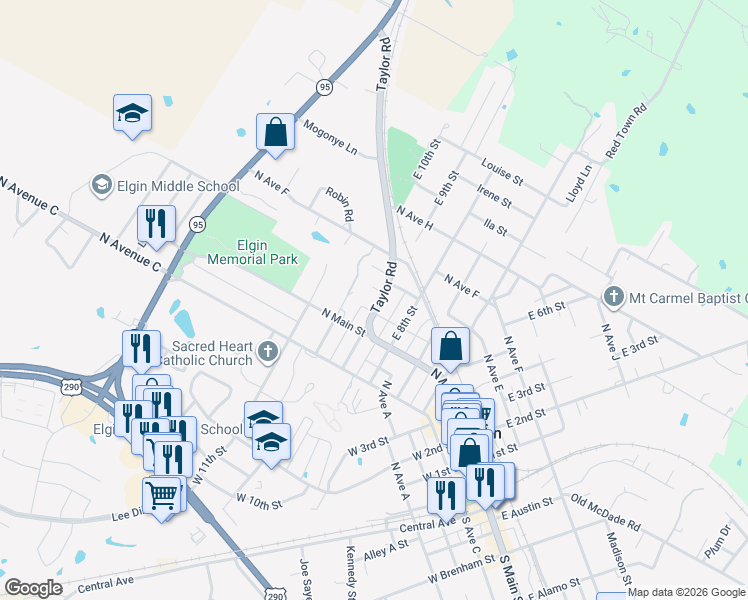 map of restaurants, bars, coffee shops, grocery stores, and more near 103 Canada Street in Elgin