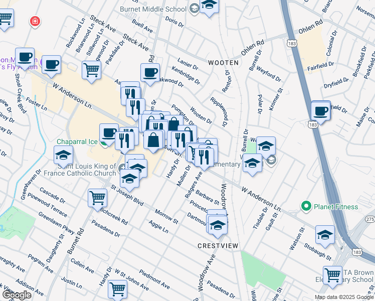 map of restaurants, bars, coffee shops, grocery stores, and more near 1901 West Anderson Lane in Austin