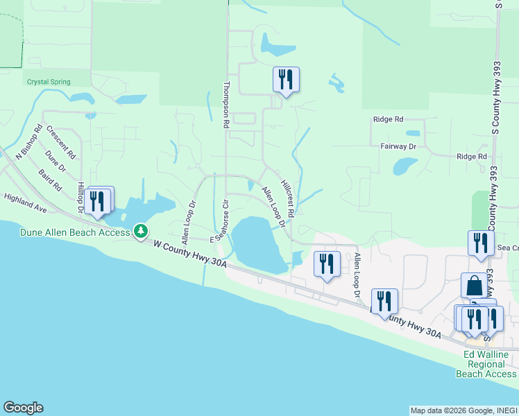 map of restaurants, bars, coffee shops, grocery stores, and more near 31 Oyster Lake Drive in Santa Rosa Beach