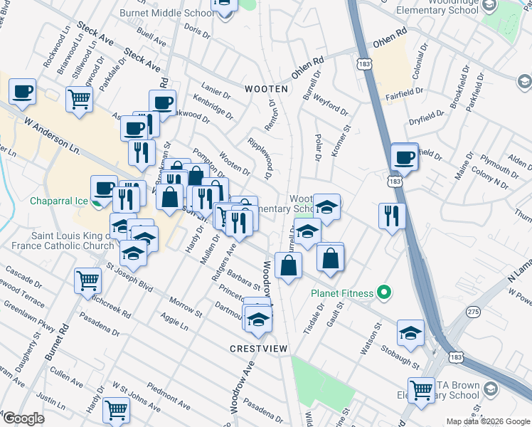 map of restaurants, bars, coffee shops, grocery stores, and more near 1707 Belford Drive in Austin