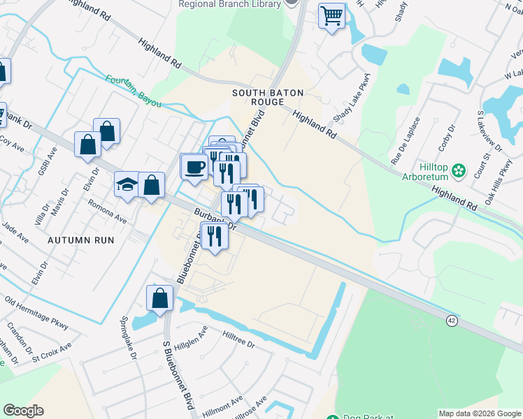 map of restaurants, bars, coffee shops, grocery stores, and more near 10705 Burbank Drive in Baton Rouge
