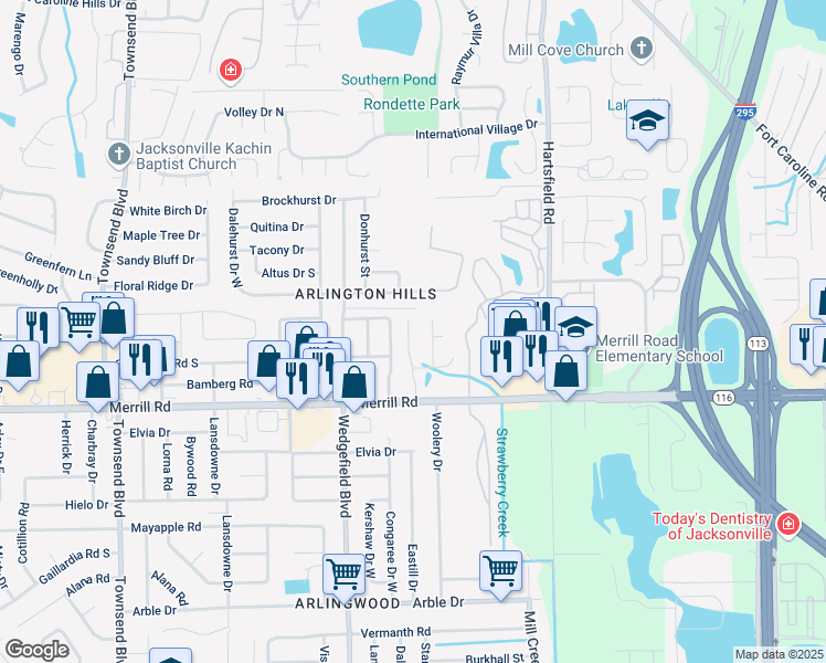 map of restaurants, bars, coffee shops, grocery stores, and more near 2860 Sandy Beach Lane in Jacksonville