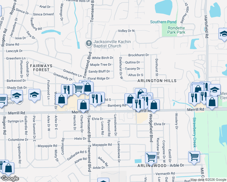 map of restaurants, bars, coffee shops, grocery stores, and more near 7402 Stonehurst Road North in Jacksonville