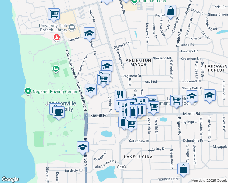 map of restaurants, bars, coffee shops, grocery stores, and more near 5824 Yellow Pine Court in Jacksonville