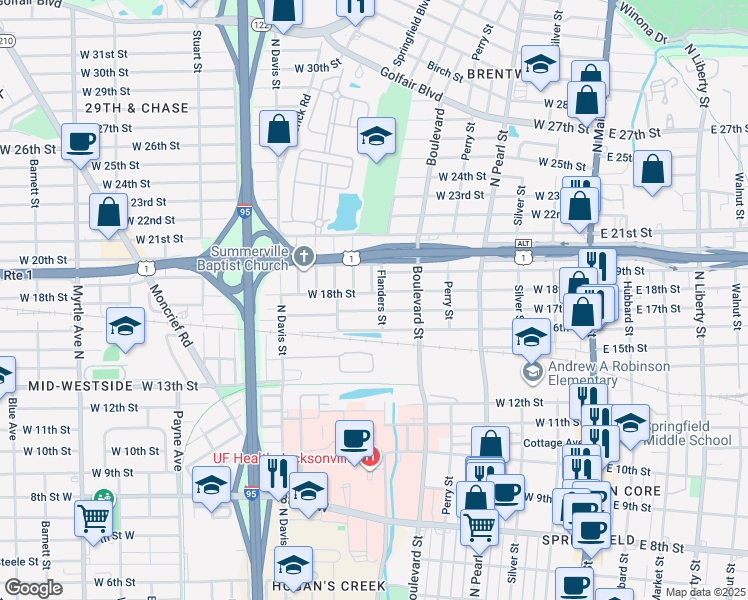 map of restaurants, bars, coffee shops, grocery stores, and more near 2624 Flanders Street in Jacksonville