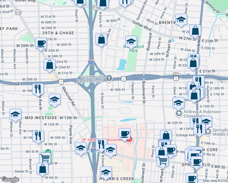 map of restaurants, bars, coffee shops, grocery stores, and more near 816 West 17th Street in Jacksonville