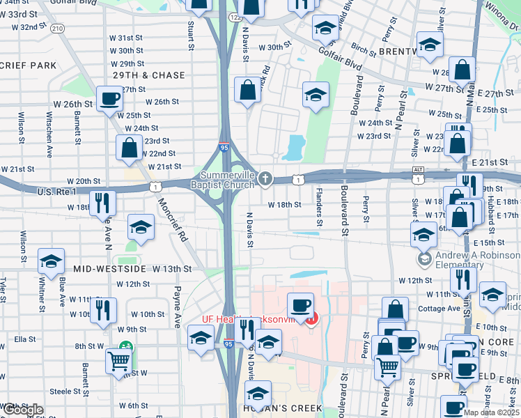 map of restaurants, bars, coffee shops, grocery stores, and more near 816 West 17th Street in Jacksonville