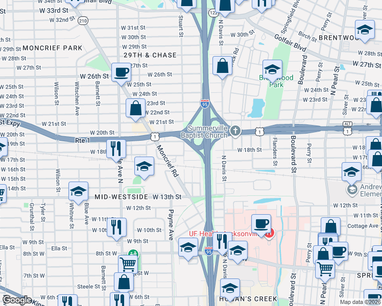 map of restaurants, bars, coffee shops, grocery stores, and more near 1055 West 17th Street in Jacksonville
