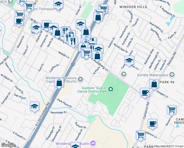 map of restaurants, bars, coffee shops, grocery stores, and more near 9200 North Plaza in Austin