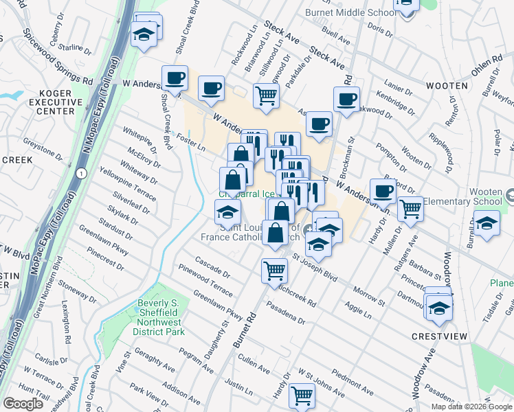 map of restaurants, bars, coffee shops, grocery stores, and more near in Austin