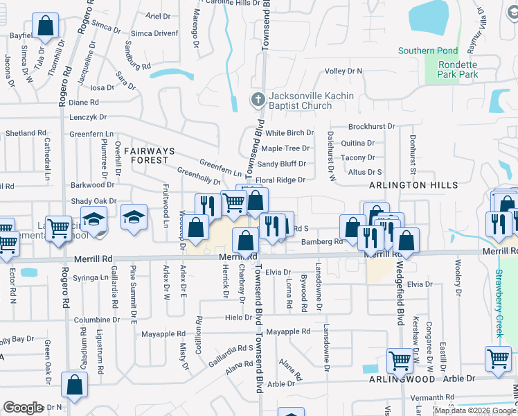 map of restaurants, bars, coffee shops, grocery stores, and more near 7202 Adele Court in Jacksonville