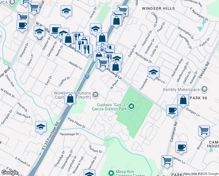 map of restaurants, bars, coffee shops, grocery stores, and more near 9200 North Plaza in Austin