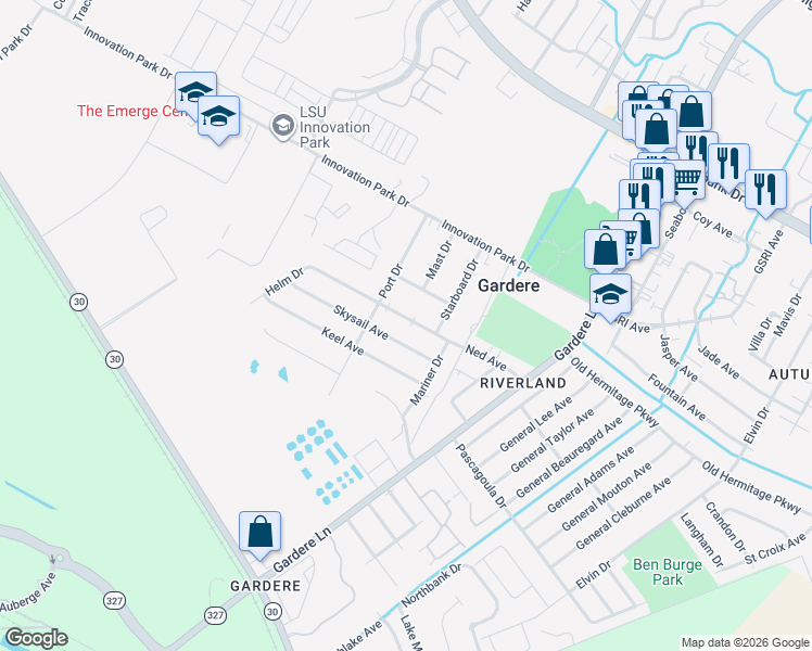 map of restaurants, bars, coffee shops, grocery stores, and more near 8251 Skysail Avenue in Baton Rouge
