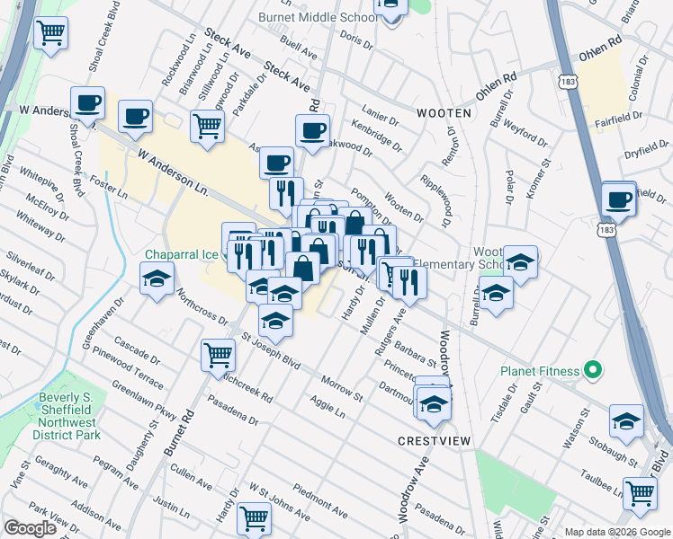 map of restaurants, bars, coffee shops, grocery stores, and more near 2103 West Anderson Lane in Austin