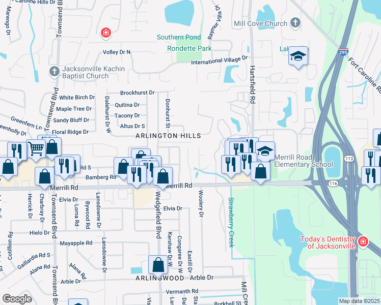 map of restaurants, bars, coffee shops, grocery stores, and more near 2860 Sandy Beach Lane in Jacksonville