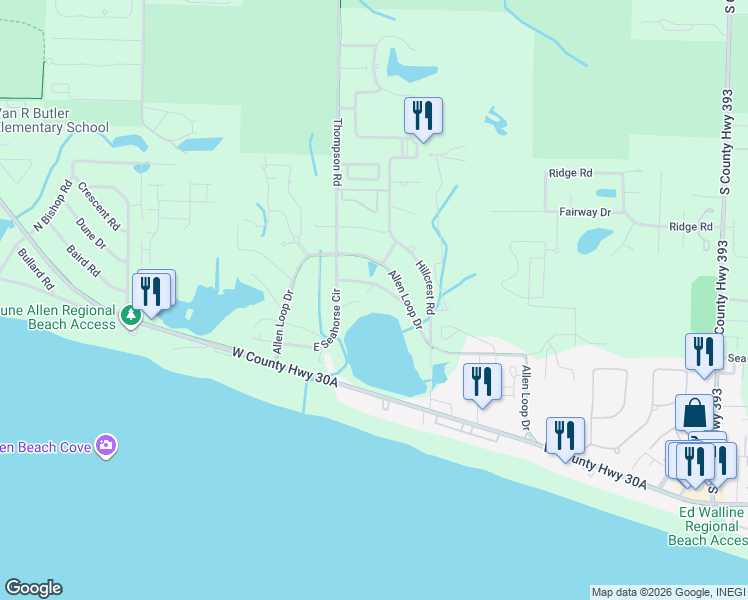 map of restaurants, bars, coffee shops, grocery stores, and more near 119 Oyster Lake Drive in Santa Rosa Beach