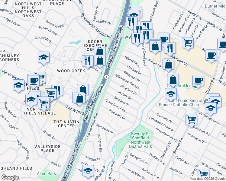 map of restaurants, bars, coffee shops, grocery stores, and more near 3305 Skylark Drive in Austin
