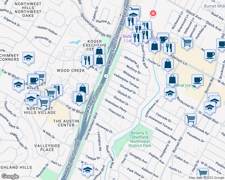 map of restaurants, bars, coffee shops, grocery stores, and more near 3305 Skylark Drive in Austin