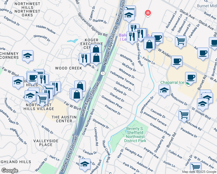 map of restaurants, bars, coffee shops, grocery stores, and more near 3305 Skylark Drive in Austin