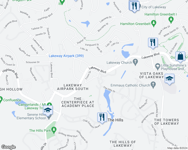 map of restaurants, bars, coffee shops, grocery stores, and more near 4 Muirfield Greens Cove in Lakeway