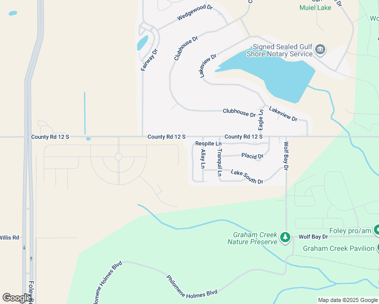 map of restaurants, bars, coffee shops, grocery stores, and more near 22505 Respite Lane in Foley