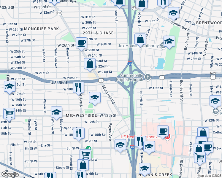 map of restaurants, bars, coffee shops, grocery stores, and more near 2808 Woodland Street in Jacksonville
