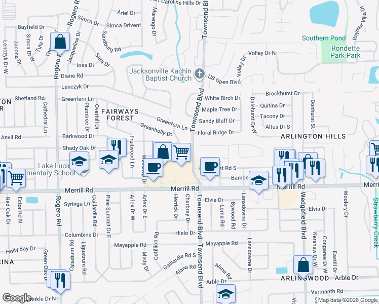 map of restaurants, bars, coffee shops, grocery stores, and more near 7106 Berrywood Lane in Jacksonville