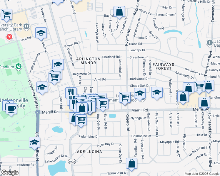 map of restaurants, bars, coffee shops, grocery stores, and more near 6238 Green Pine Lane in Jacksonville