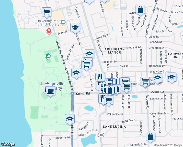 map of restaurants, bars, coffee shops, grocery stores, and more near 5750 Tall Pine Lane in Jacksonville