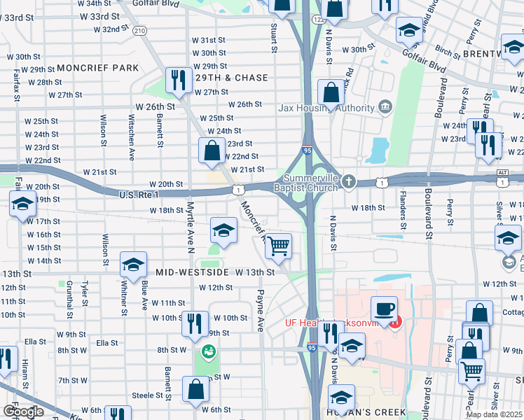 map of restaurants, bars, coffee shops, grocery stores, and more near 2808 Woodland Street in Jacksonville
