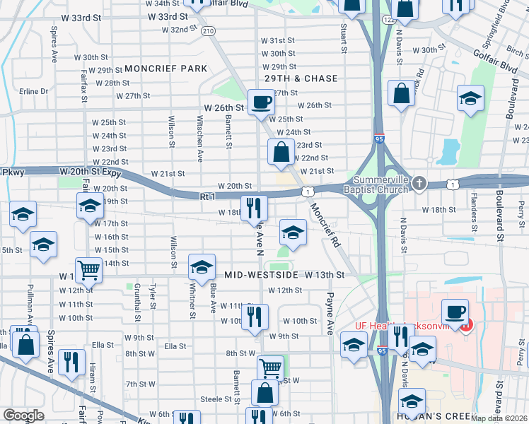 map of restaurants, bars, coffee shops, grocery stores, and more near 2702 Wilcox Street in Jacksonville