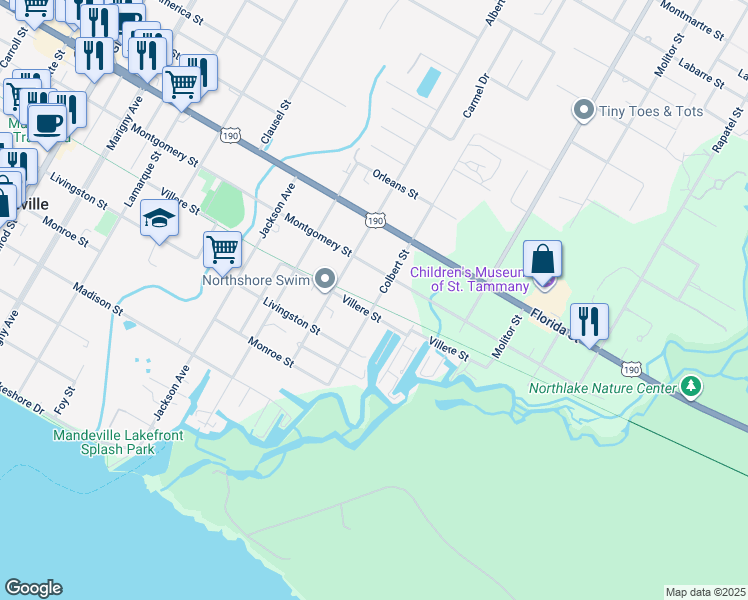 map of restaurants, bars, coffee shops, grocery stores, and more near 1129 Villere Street in Mandeville